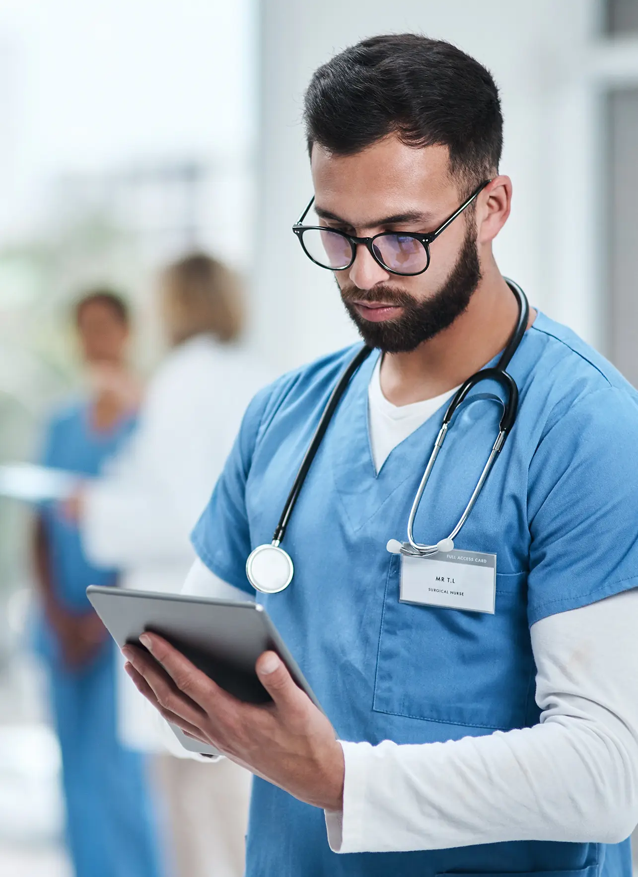 medical, doctor and tablet with a man in a clinic